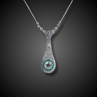 Platina Art Deco collier met diamant en smaragd - #1