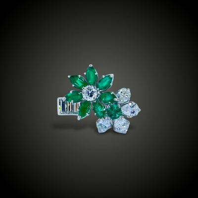 Vintage platina ring met smaragd en diamant - #1
