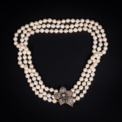 Three-row pearl necklace with rose diamond clasp - #3