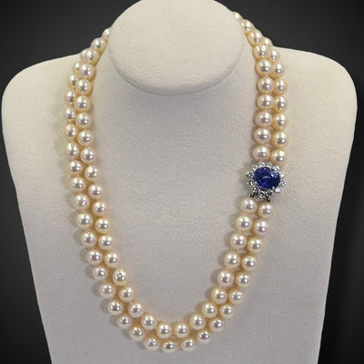 Pearl necklace with clasp with sapphire and diamonds - #1
