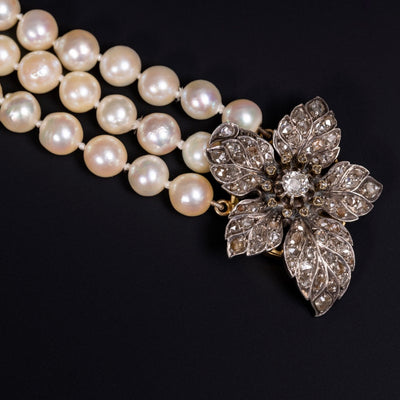 Three-row pearl necklace with rose diamond clasp - #2