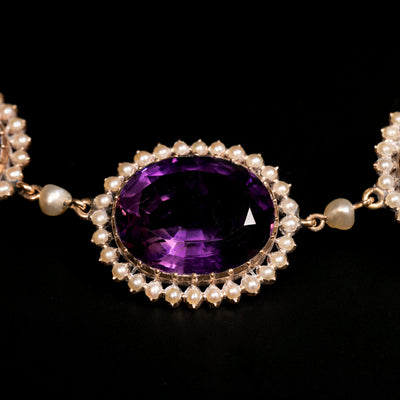Antique necklace with amethyst and natural pearls - #6