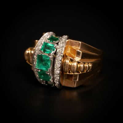 Retro ring met smaragd en diamant - #3