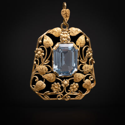 Gouden hanger met bloem- en bladmotieven en aquamarijn - #1