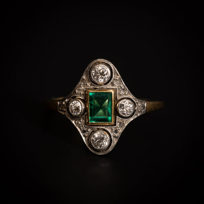 Art Deco ring with emerald and diamond - #1