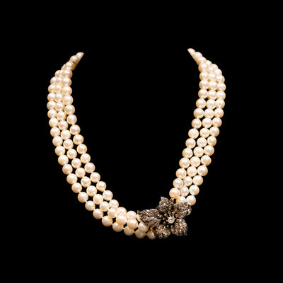 Three-row pearl necklace with rose diamond clasp - #1