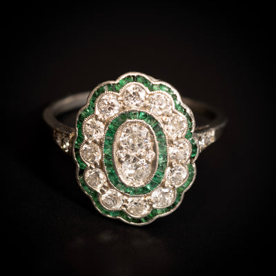 Art Deco platinum ring with diamonds and emeralds - #1