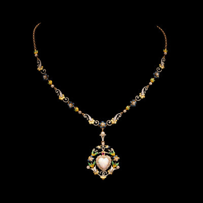 Antique necklace and pendant with opal, diamonds and enamel - #1