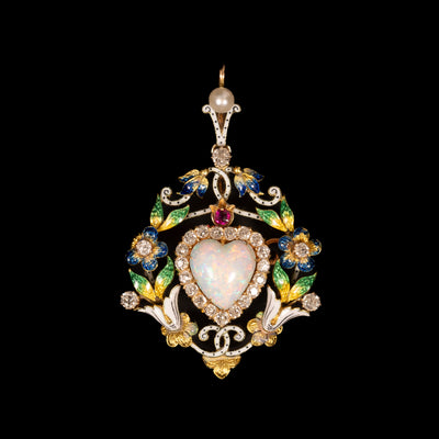 Antique necklace and pendant with opal, diamonds and enamel - #4