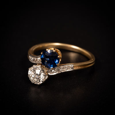 Antique toi-et-moi ring with diamonds and sapphire - #1