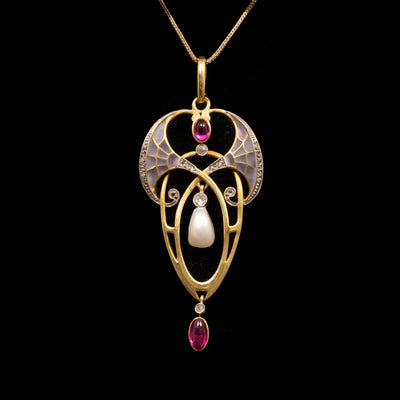 Art Nouveau pendant with pearl and rubies - #5