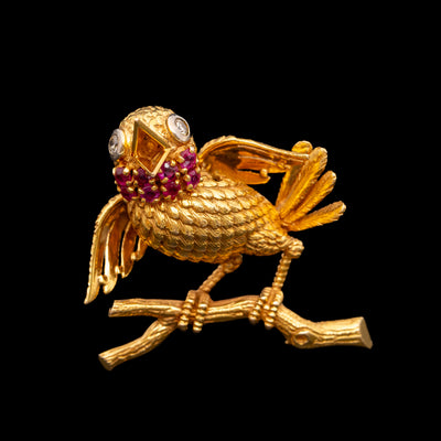 Gouden vogelbroche met robijn - #1