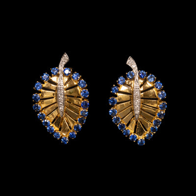 Gouden blad-oorbellen met saffier en diamant - #1