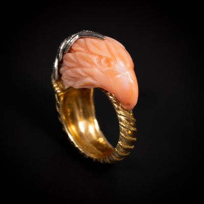 Gold ring with coral bird head - #2