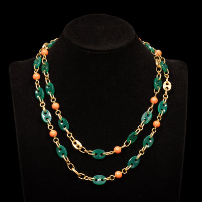 Long necklace with coral and chrysoprase - #1