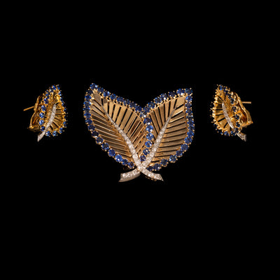 Gouden blad-oorbellen met saffier en diamant - #6