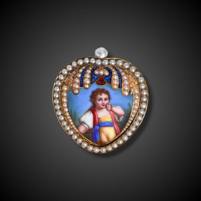 Heart-shaped brooch with a heart warming painted enamel scene - #1