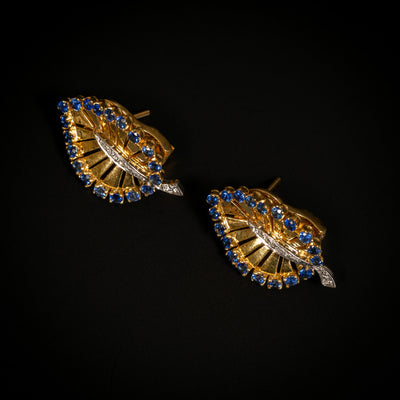 Gouden blad-oorbellen met saffier en diamant - #2