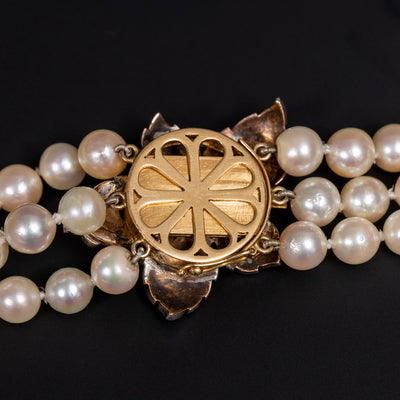 Three-row pearl necklace with rose diamond clasp - #5