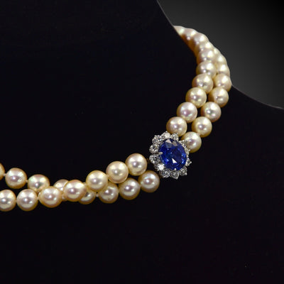 Pearl necklace with clasp with sapphire and diamonds - #4