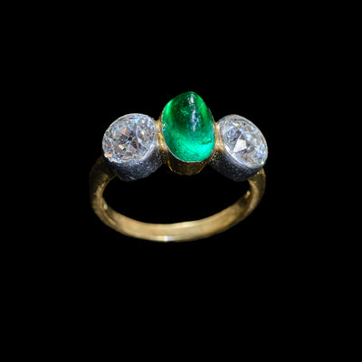Driesteens gouden ring met smaragd en diamant - #2