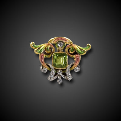 Art Nouveau broche met peridoot, diamant en email - #1