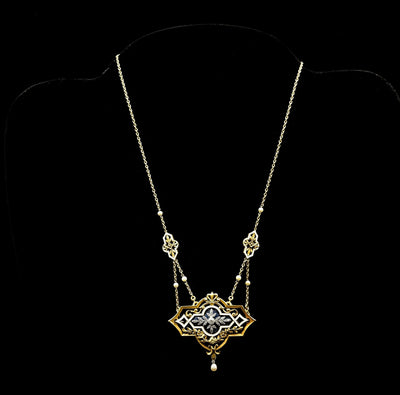 Neo-classistische gouden collier met email, parels en diamant - #1