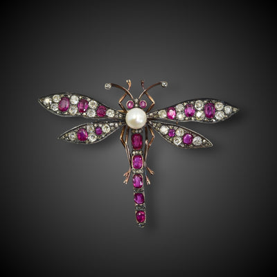 Antique dragonfly with rubies, diamonds and pearl - #1