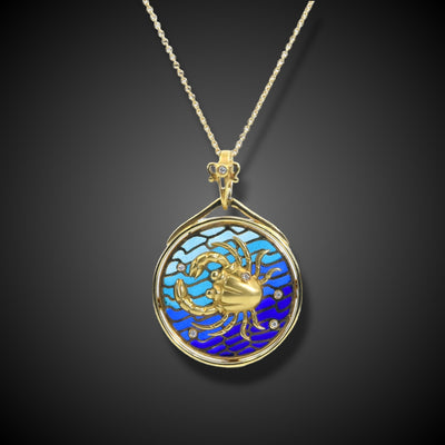 Gold pendant with enamel, zodiac sign Cancer - #1
