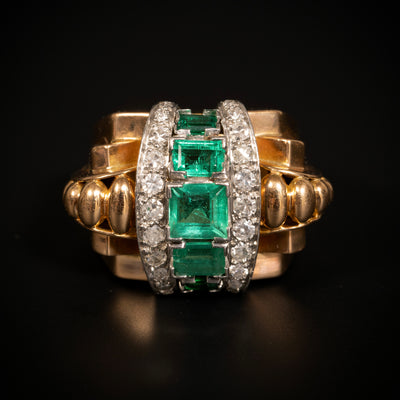 Retro ring met smaragd en diamant - #1