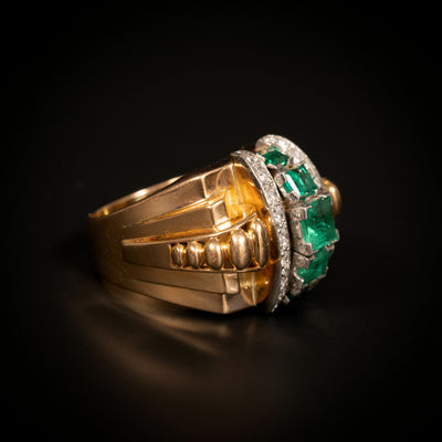 Retro ring met smaragd en diamant - #4