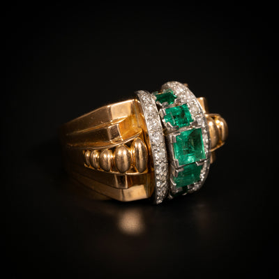 Retro ring met smaragd en diamant - #2