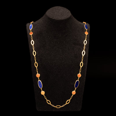 Lang gouden collier met lapis en koraal - #1