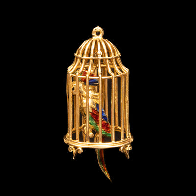 Clip brooch with parrot in birdcage - #1