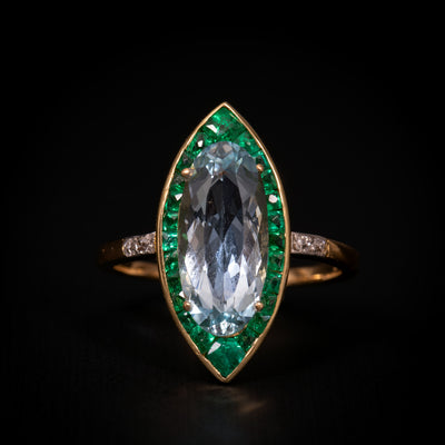 Gold ring with aquamarine and emeralds - #1
