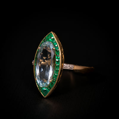 Gold ring with aquamarine and emeralds - #2