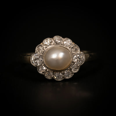 Antique gold ring with natural pearl and diamonds - #3
