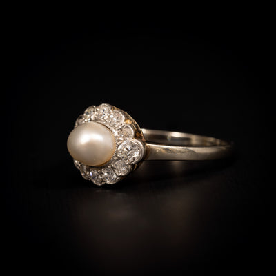 Antique gold ring with natural pearl and diamonds - #2