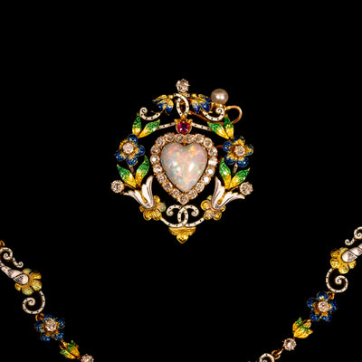 Antique necklace and pendant with opal, diamonds and enamel - #2
