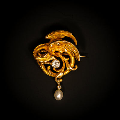 Art Nouveau brooch with diamond and pearl - #1