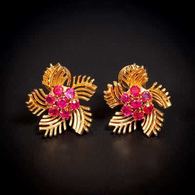Retro gold earrings with rubies - #1