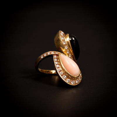 Vintage ring met diamant, onyx en koraal - #4