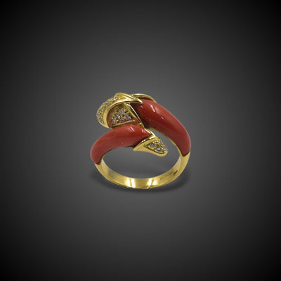 Vintage gold ring with red coral and diamonds - #1