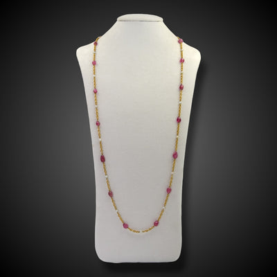 Vintage long gold necklace with tourmaline and pearls - #1