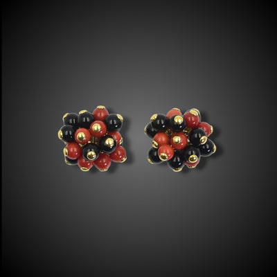Vintage gold earrings with red coral and onyx - #1