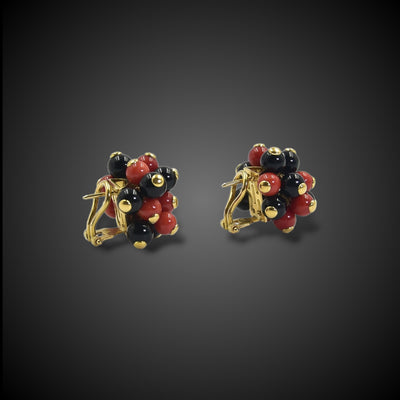 Vintage gold earrings with red coral and onyx - #2