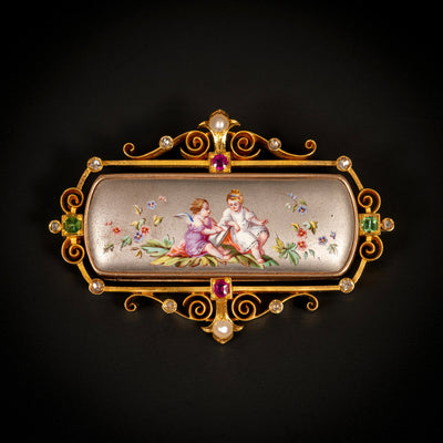 Romantic brooch with pearls, rubies, emeralds and diamonds - #1