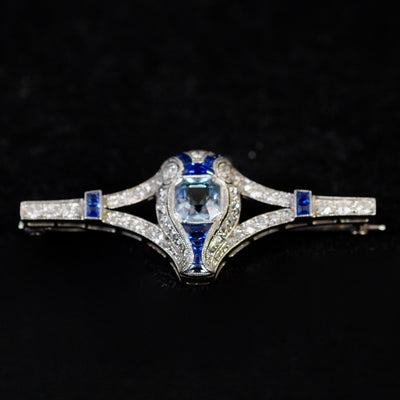 Art Deco brooch with aquamarine, sapphire and diamond - #1