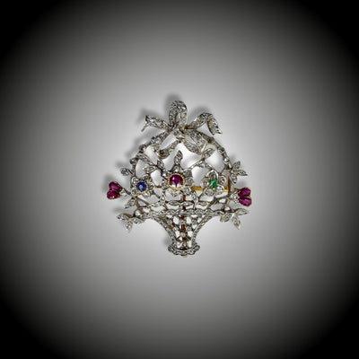 Brooch, flower basket with gemstones - #1