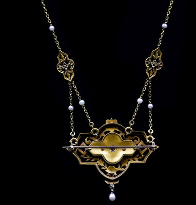 Neo-classical gold necklace with enamel, pearls and diamonds - #3